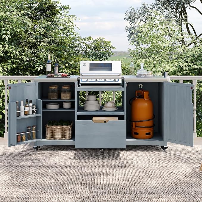 66.5" Outdoor Kitchen Island with Stainless Top & Rolling | Adjustable shelves,lockable wheels,storage cabinet,sturdy stainless top,space-saving for patio/backyard/outdoor,easy assembly