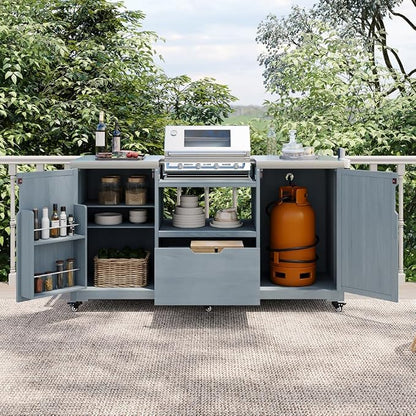 66.5" Outdoor Kitchen Island with Stainless Top & Rolling | Adjustable shelves,lockable wheels,storage cabinet,sturdy stainless top,space-saving for patio/backyard/outdoor,easy assembly