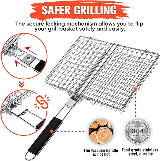 Large Stainless Steel Grilling Basket with Removable Handle – Deep Fish & Vegetable Grill Basket for Outdoor BBQ, Heavy Duty Non-Stick Basket for Gas/Charcoal Grill, Easy to Clean – Gifts for Dad