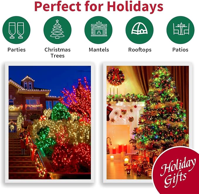 66ft Christmas Decorative Mini Lights, 200 LED Green Wire Fairy Starry String Lights Plug in, 16 Lighting Modes for Indoor Outdoor Xmas Tree Wedding Party Decoration (Red/Green/Warm)