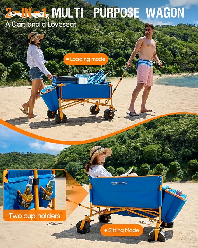500lbs Love-Seat Wagon 3-in-1 Bench Wagon Seat for 2 Adults | Heavy Duty Utility Cart, 31L Detachable Cooler Bag, Adjustable Handle &Cup Holders,Perfect for The Beach, Sport, Camping