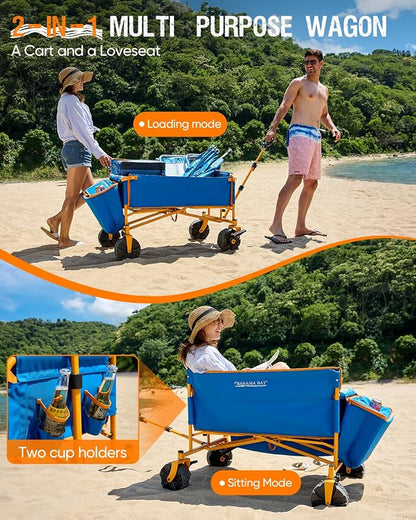 500lbs Love-Seat Wagon 3-in-1 Bench Wagon Seat for 2 Adults | Heavy Duty Utility Cart, 31L Detachable Cooler Bag, Adjustable Handle &Cup Holders,Perfect for The Beach, Sport, Camping