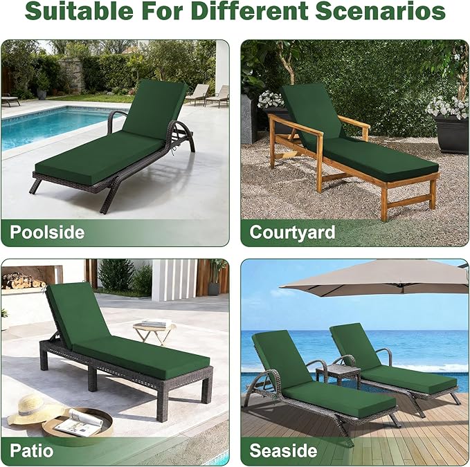 2 Pcs Chaise Lounge Cushions Outdoor Set of 2, 72x 21x 3 Inch Waterproof & Fade-Resistant Lounge Chair Cushion, Outdoor Chaise Cushion with Ties for Lawn, Patio, Pool & Beach, Forest Green