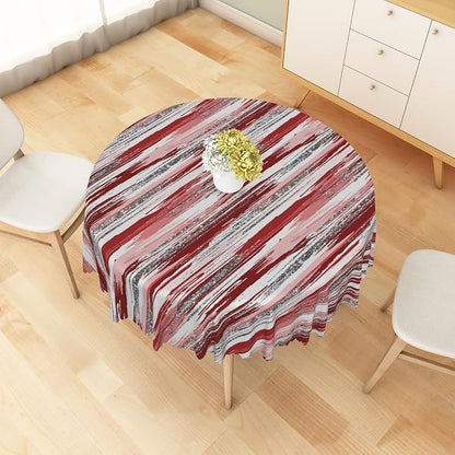 Abstract Striped Circle Tablecloth 60 Inch Red and White Old Texture Grunge Stripes Vintage Mosaic Dust-Proof Round Table Cover Protector for Kitchen Restaurant Picnic Camping BBQ Burgundy