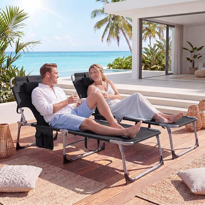 Goplus Tanning Chair, Folding Beach Lounge Chair with Face &Arm Hole, 4-Position Adjustable,Removable Pillow,Side Pocket, Sunbathing Chair, Portable Outdoor Lounge Chair for Patio Pool Lawn (1, Black)