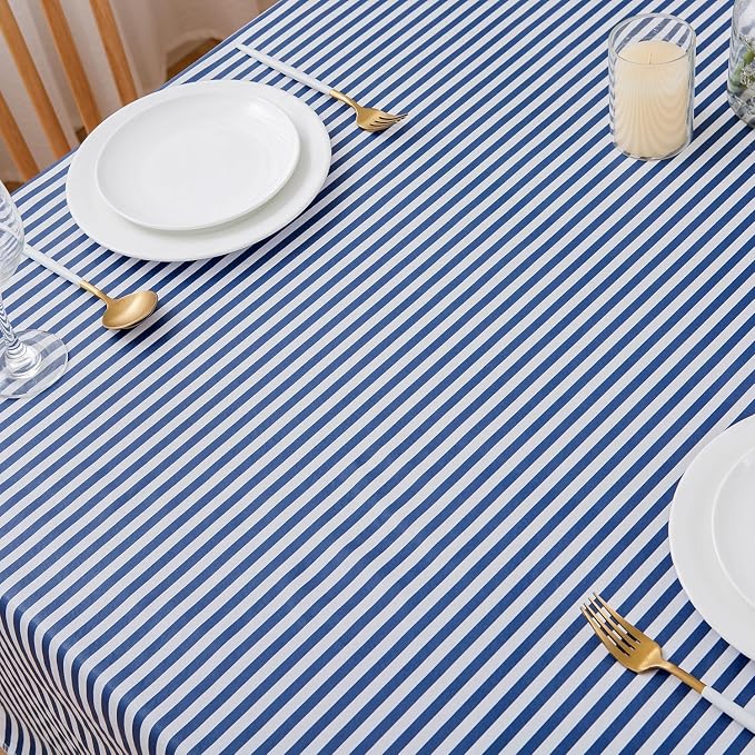 LIBERECOO Vinyl Tablecloth with Flannel Backing, Blue Stripe 60 x 84 Inch Rectangluar Tablecloths Stain-Resistant Waterproof Plastic Table Cover for Indoor/Outdoor
