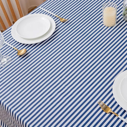 LIBERECOO Vinyl Tablecloth with Flannel Backing, Blue Stripe 60 x 84 Inch Rectangluar Tablecloths Stain-Resistant Waterproof Plastic Table Cover for Indoor/Outdoor