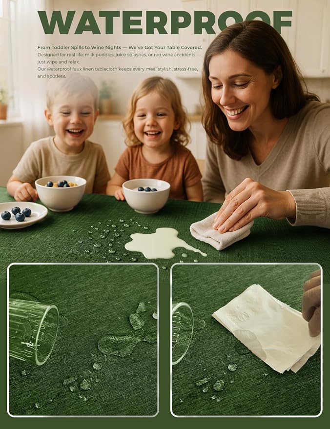 Decorelia Faux Linen Farmhouse Table Cloth 60"x84" for 4-6 ft Rectangle Table, Dark Green Waterproof Outdoor Washable Tablecloth for Rectangular Dining Room Kitchen Outdoor Party Restaurant Decor