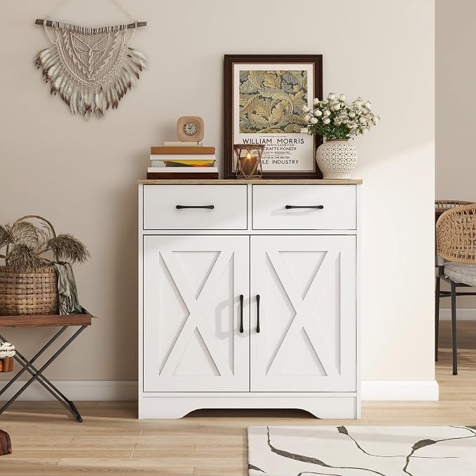 Panana Sideboard 2 Drawers 2 Doors Entryway Storage Cabinet Living Room Organizer Farmhouse Style Wooden Kitchen Cupboard (White)