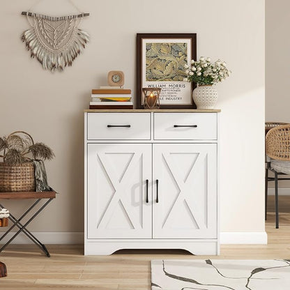 Panana Sideboard 2 Drawers 2 Doors Entryway Storage Cabinet Living Room Organizer Farmhouse Style Wooden Kitchen Cupboard (White)