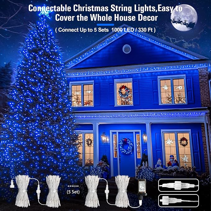 JMEXSUSS 200 LED Blue Christmas String Lights Indoor Outdoor Plug in | 66ft Blue Halloween Lights Clear Wire, 8 Modes Waterproof Christmas Tree Lights for Party Bedroom Wall Christmas Decoration