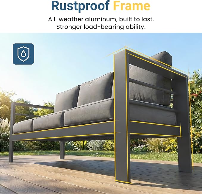 Wisteria Lane Aluminum Outdoor Sofa, 2 Pieces Patio Couch All-Weather Rust-Proof Modern Metal Patio Furniture with 5" Thick Olefin Cushions, Light Grey