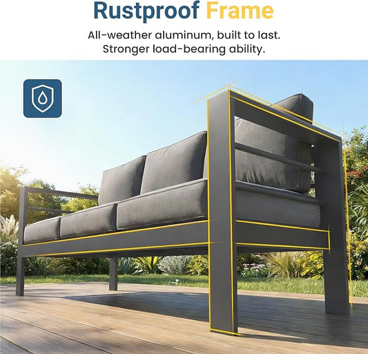Wisteria Lane Aluminum Outdoor Sofa, 3 Pieces Patio Couch All-Weather Rust-Proof Modern Metal Patio Furniture with 5" Thick Olefin Cushions, Light Grey