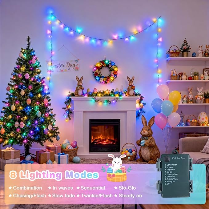 4 Pack Easter Lights Battery Operated, 50 LEDs 16.5ft Pastel String Lights Indoor Outdoor Waterproof, Green Wire Battery Powered Twinkle Lights for Tree Wreath Christmas Easter Decorations