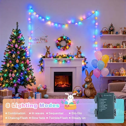 4 Pack Easter Lights Battery Operated, 50 LEDs 16.5ft Pastel String Lights Indoor Outdoor Waterproof, Green Wire Battery Powered Twinkle Lights for Tree Wreath Christmas Easter Decorations