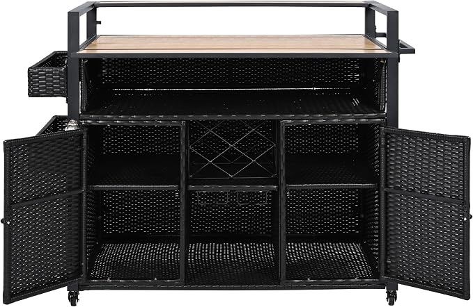 YOPTO Outdoor Grill Cart with Foldable Design,7-Tier Shelves,Lockable Wheels,Wine Rack & Weather-Resistant Wicker Rattan for Indoor/Outdoor Use,Black Brown