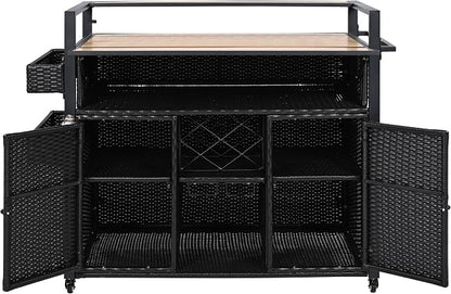 YOPTO Outdoor Grill Cart with Foldable Design,7-Tier Shelves,Lockable Wheels,Wine Rack & Weather-Resistant Wicker Rattan for Indoor/Outdoor Use,Black Brown