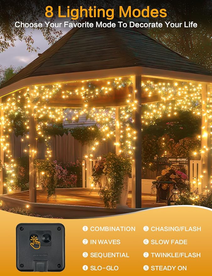 BHCLIGHT Solar String Lights Outdoor, 2 Pack 80 FT 200 LED Fairy Lights | Warm White, 8 Modes, Memory, Auto On/Off, IP65 Waterproof Copper Wire Twinkle Light for Garden Tree Patio Fence Wedding Decor