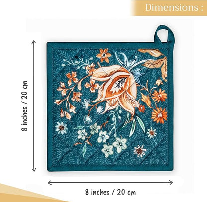 Maison d' Hermine Pot Holders 100% Cotton Potholders (8" x 8", Pack of 1) | Heat Resistant Hot Pads with Loop BBQ Cooking Kitchen Handling Hot Pans Thanksgiving Christmas - Luxury Loft - Dark Teal