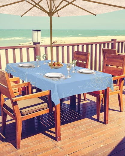 QueenKer Outdoor Tablecloth with Umbrella Hole, Minimalist Lines Leaves Flowers Blue Rectangle Tables Waterproof Tabletop Collection for Patio, Garden, Picnic, Camping, Dining 60 x 84 inch