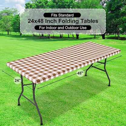 Buffalo Rectangle Picnic Tablecloth, 4 Foot Elastic Fitted Vinyl Table Cloth with Flannel Backing, Waterproof Plaid Table Covers for Dining, Camping, Outdoor (Brown and White, 24" x 48")