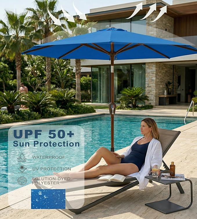 PatioKingdom 10FT Patio Umbrella with Push Button Tilt and Crank, Outdoor Market Umbrella with 8 Fiberglass Ribs, UV Protection Table Umbrella for Pool,Backyard,Garden,Deck
