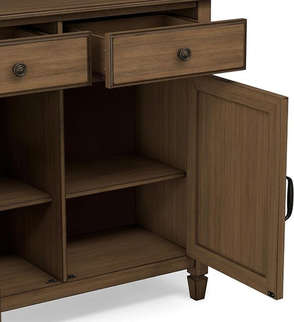 SIMPLIHOME Connaught 40" Solid Wood Cabinet in Rustic Natural Aged Brown | Traditional slim entryway and living room organizer for hats, gloves, shoes and keys with space-saving storage design.