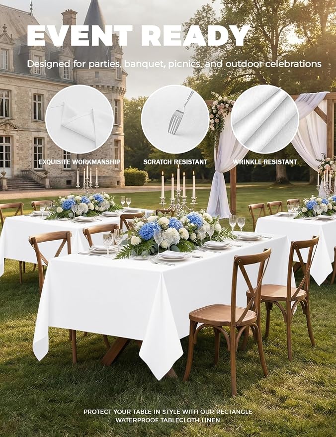 Decorelia White Table Cloths for 8 Ft Rectangle Tables-6 Pack, Faux Linen Washable Polyester Rustic Fabric Faux Linen Table Cloth Cover for Wedding,Outdoor,Events, Party,Banquet, Dining, 60x120 Inch