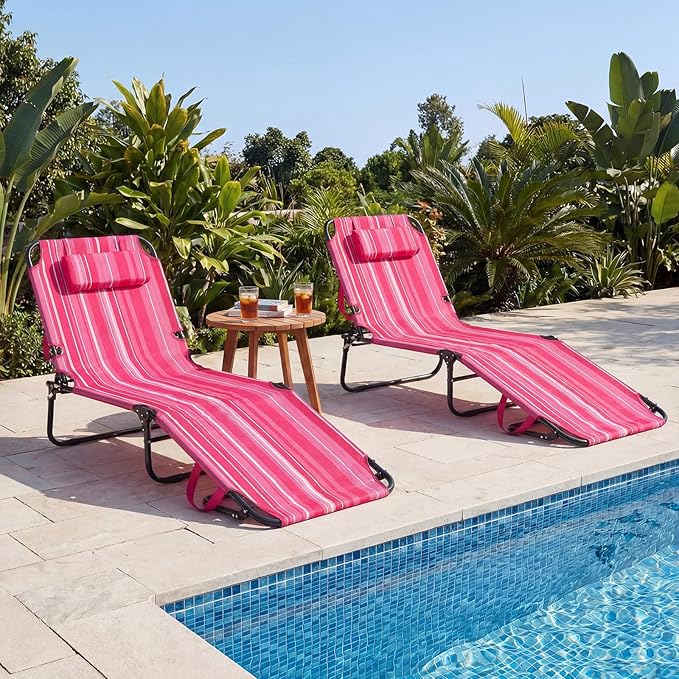GYMAX Tanning Chair, Folding Lounge Chairs with Face Hole & Cover, Removable Pillow Carry Handle, Portable Compact Outdoor Layout Recliner for Beach, Poolside, Lawn, Patio, Camping (Pink Stripe,2)
