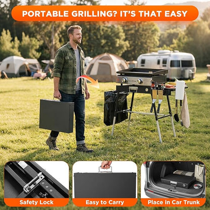 Outdoor Folding Grill Table, Adjustable Blackstone Griddle Stand, Fit 17” 22” Blackstone & Ninja Grills, Portable Camping Table for Outdoor BBQ & Tailgating