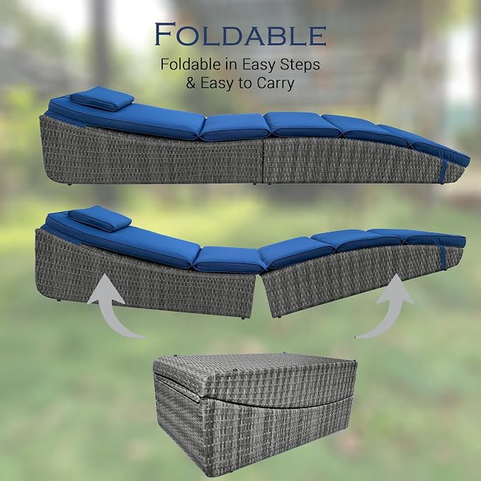 BTEXPERT Outdoor Chaise Lounges Pool Cushioned Chair Wicker Patio Rattan Poolside Folding Space Saving Sun Lounger Adjustable Backrest Couch Reclining Fully Assembled Blue One Piece