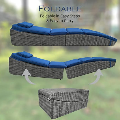 BTEXPERT Outdoor Chaise Lounges Pool Cushioned Chair Wicker Patio Rattan Poolside Folding Space Saving Sun Lounger Adjustable Backrest Couch Reclining Fully Assembled Blue One Piece