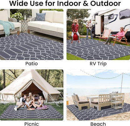 Smiry Outdoor Rug 5x8 ft Waterproof Reversible Boho Mat, Grey | Polypropylene Plastic Straw, Quick Drying, Lightweight Foldable, for Patio, Deck, RV Camping, Backyard and Indoor Outdoor Use
