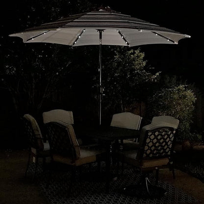 9' Round Patio Umbrella with 32 Solar Powered LED Lights, Push-Button Tilt and Hand Crank Lift, Solar Lighted Umbrella in Scarlet Stripe for Patio, Porch, and Backyard by Sun-Ray