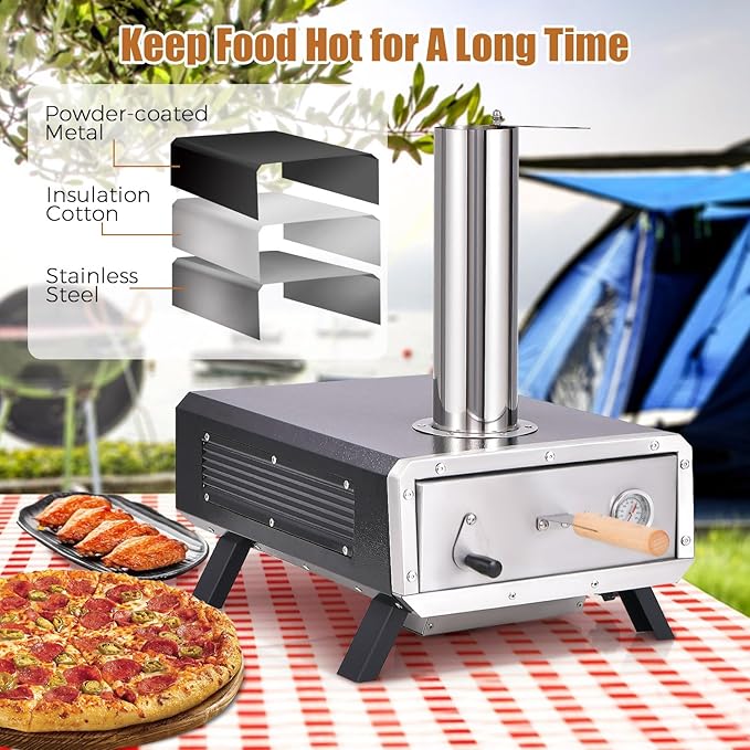 HAPPYGRILL Outdoor Pizza Oven with Rotatable Pizza Stone, Wood Fired Pizza Maker with Pizza Peel, Thermometer & Rain Cover, Countertop Stainless Steel Pizza Stove for Camping Picnic Party