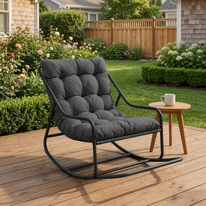 Outdoor Rocking Chairs, Metal Frame Outdoor Rocker with Footrest, Comfy Oversized Patio Chair with Thick Cushion, Reading Glider Lounge Chair for Living Room, Bedroom, Garden, Relax, Gray