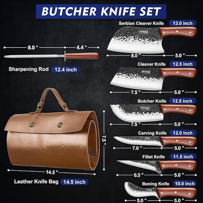 Topfeel 8PCS Chef Butcher Fish Knife Set for Meat Cutting with Roll Bag, Hand Forged Meat Cleaver Knife Boning Carving Knife Set for Home、Camping、BBQ