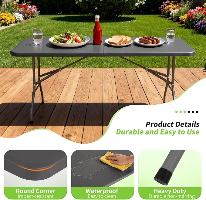 BestOffice 6 FT Picnic Table, Portable Plastic Folding Table with Carrying Handle Perfect for Picnics, Parties, Party and Camping, Grey