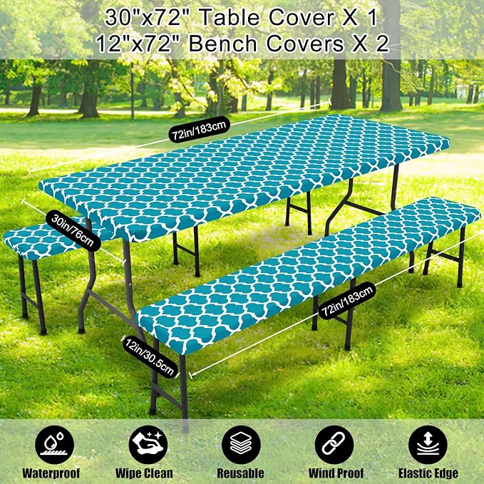 Smiry Picnic Table Cover with Bench Covers, Waterproof Elastic Fitted Tablecloth for 6 Foot Tables, Washable Polyester Tablecloths for Camping, Indoor & Outdoor (Aqua, 30x72 Inch 3-pc Set)