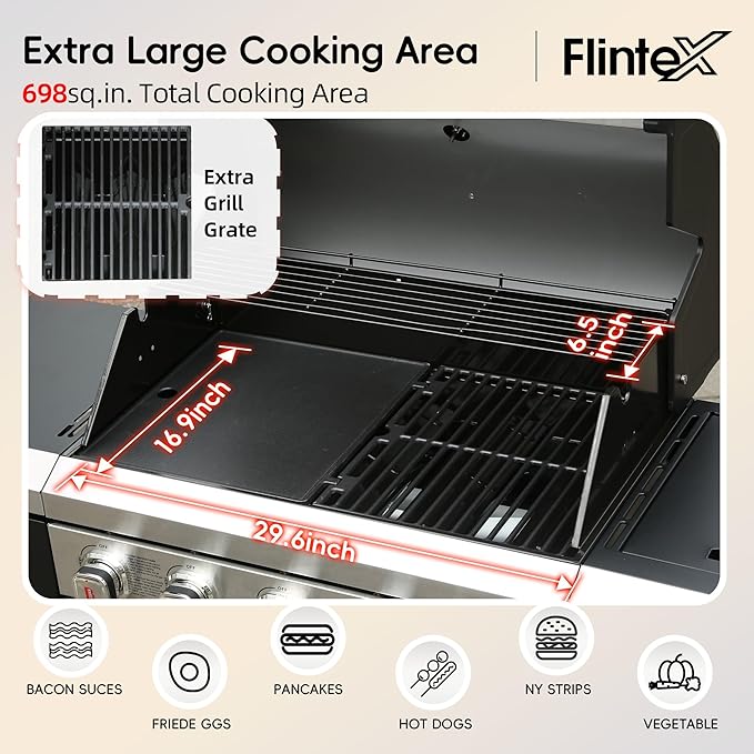 Flintex 5-Burner Propane Gas Kitchen Grill Island with Side Burner,52,000 BTU Stainless Steel BBQ Outdoor Griddle Grill Combo with LPG/NG Convertible and Storage Cabinets & Fold-out Table, Black
