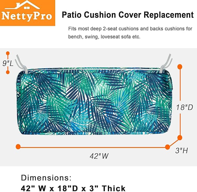NettyPro Outdoor Bench/Swing Cushion Slip Cover 42 x 18 x 3 Inch, Water Resisitant UV Protection Patio Furniture Loveseat Cushion Cover with Zipper, Replacement Cover Only