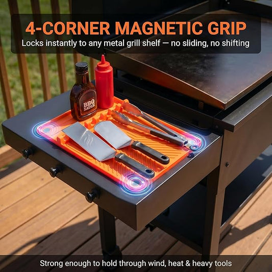 Magnetic Silicone Side Shelf Mat for Blackstone Griddle - 4 Corner Magnets, Extra Thick, Linear Drip Channels, 446°F Heat Resistant, 16"x11.5", Fits Weber Traeger Pit Boss, BBQ Gift for Men