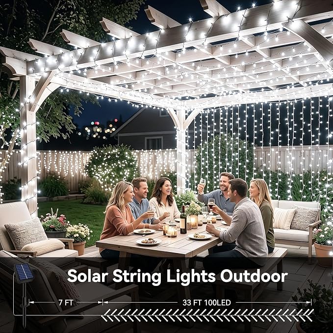 Solar String Lights 2 Pack Total 66FT 200LED Solar Fairy Lights Outdoor Waterproof 8 Modes Twinkle Solar Lights for Patio, Garden Yard Party Wedding Tree Christmas Halloween Decoration, White