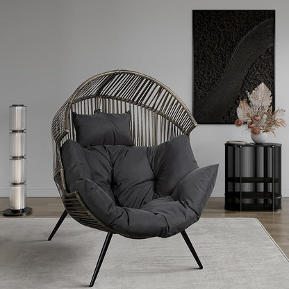 Shintenchi Wicker Egg Chair Outdoor Rattan Patio Chair with Cushion, Oversized Patio Lounge Chairs Egg Basket Chair, Egg Seat for Indoor Living Room Bedroom Outside, Deep Grey