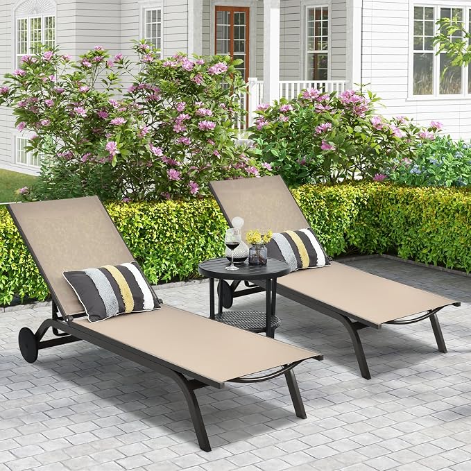 COSTWAY Outdoor Patio Chaise Lounge, 6-Position Adjustable Pool Lounger | with Stable Aluminum Frame, Portable Sun Bathing Lounge Chair on Wheels for Backyard Garden, Brown