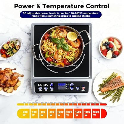 OSTBA Portable Induction Cooktop 1800W, Countertop Induction Burner | 10 Power Levels, 120-460°F Temperature Control, 3H Timer, Boil and Keep Warm Functions, ETL Certified