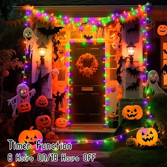 Halloween Lights Battery Operated Indoor Outdoor with Timer Waterproof Total 100LED 33ft for Halloween Decorations 16.4Ft*2, 50LED*2 for Halloween Decor, Orange&Purple&Green