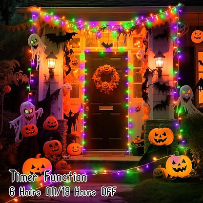 Halloween Lights Battery Operated Indoor Outdoor with Timer Waterproof Total 100LED 33ft for Halloween Decorations 16.4Ft*2, 50LED*2 for Halloween Decor, Orange&Purple&Green