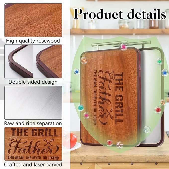 Gift for Dad- Grill Cutting Board Double Sided Wood&Titanium Cutting Boards Engraved Charcuterie Board Unique Gifts from Daughter Son (Dad)