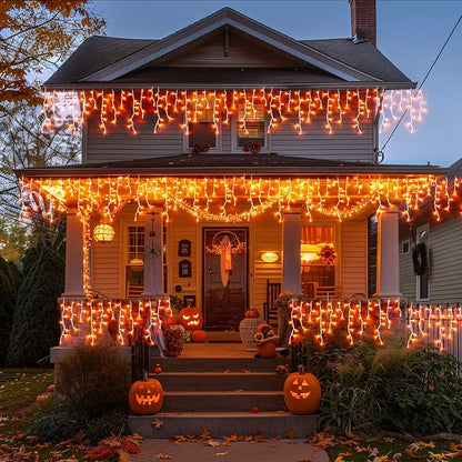 JMEXSUSS Orange Halloween Icicle Lights Outdoor, 800 LED Plug in | Waterproof, 8 Modes, Remote Control String Lights for Fireplace Eave Garden Patio Thanksgiving Fall Halloween Decor